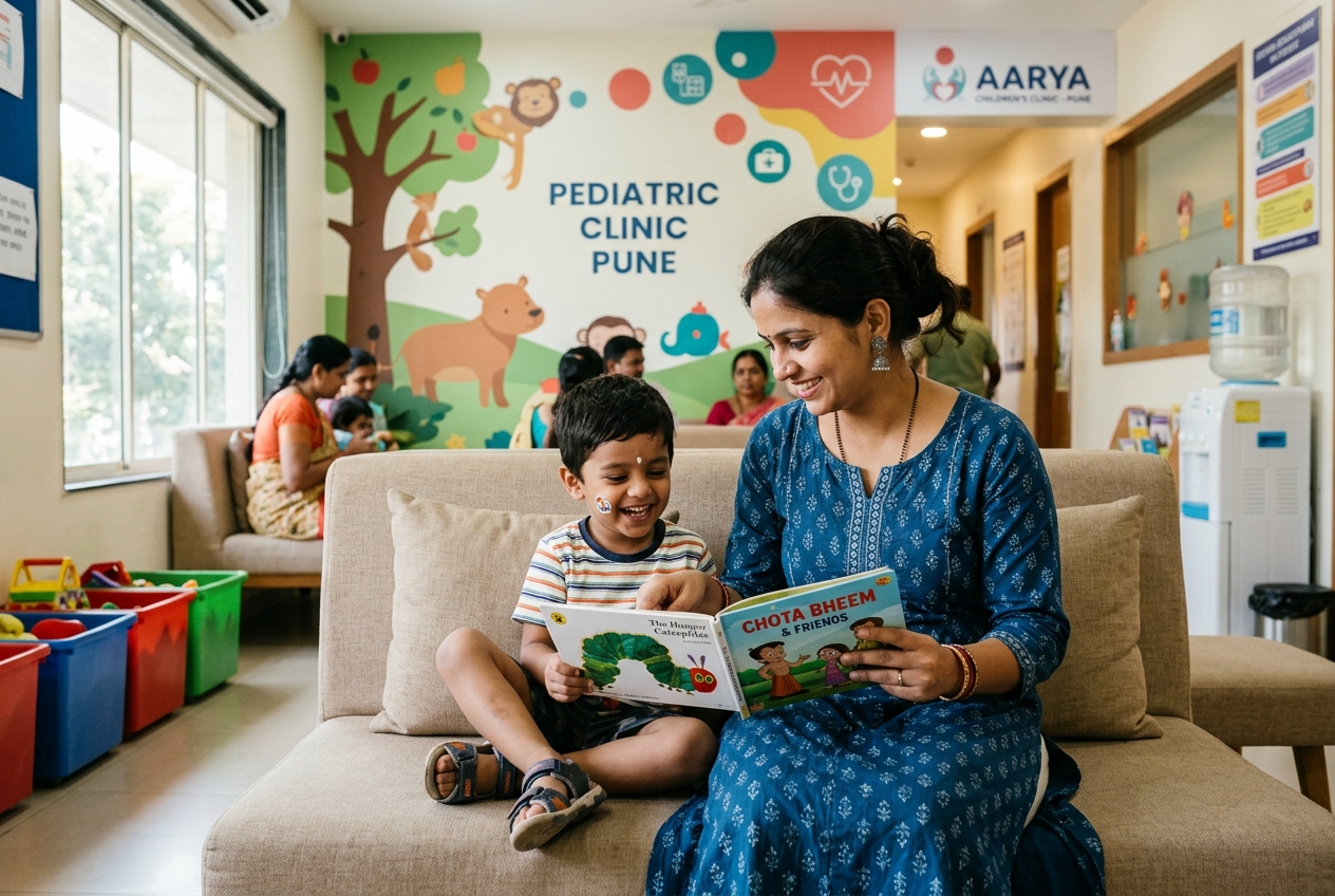 Indian mother and child in cheerful pediatric clinic waiting room